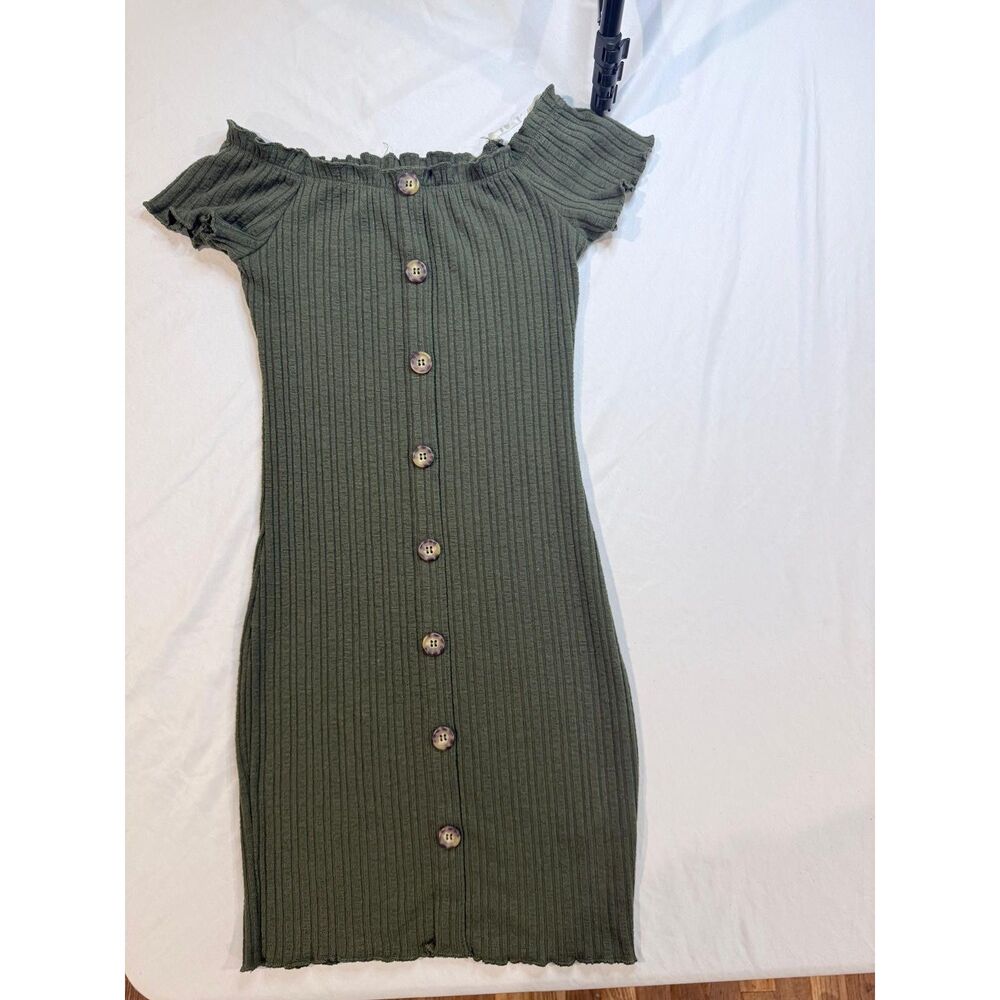 No Boundaries Girls XS 1 Olive Green Ribbed Knit Button Front Mini Dress